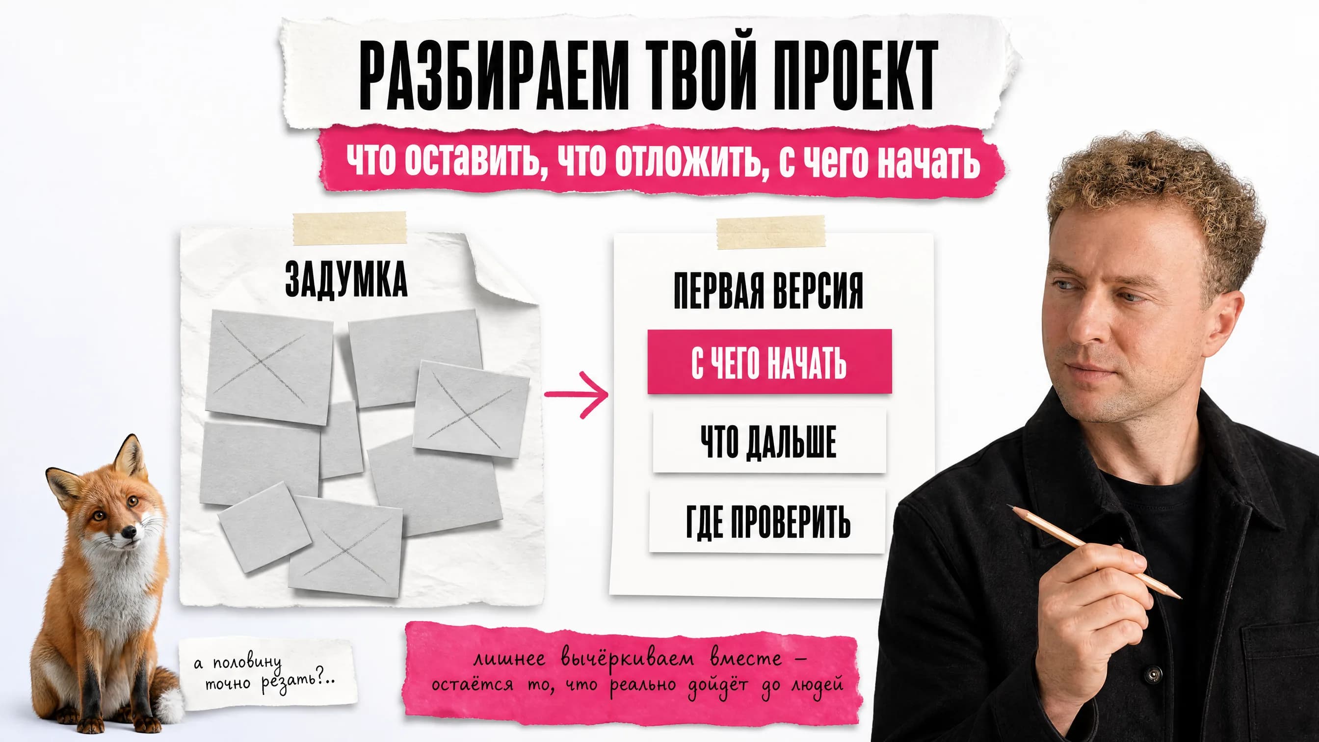 Слева лист «задумка» с ворохом стикеров, часть перечёркнута; справа лист «первая версия»: с чего начать, что дальше, где проверить