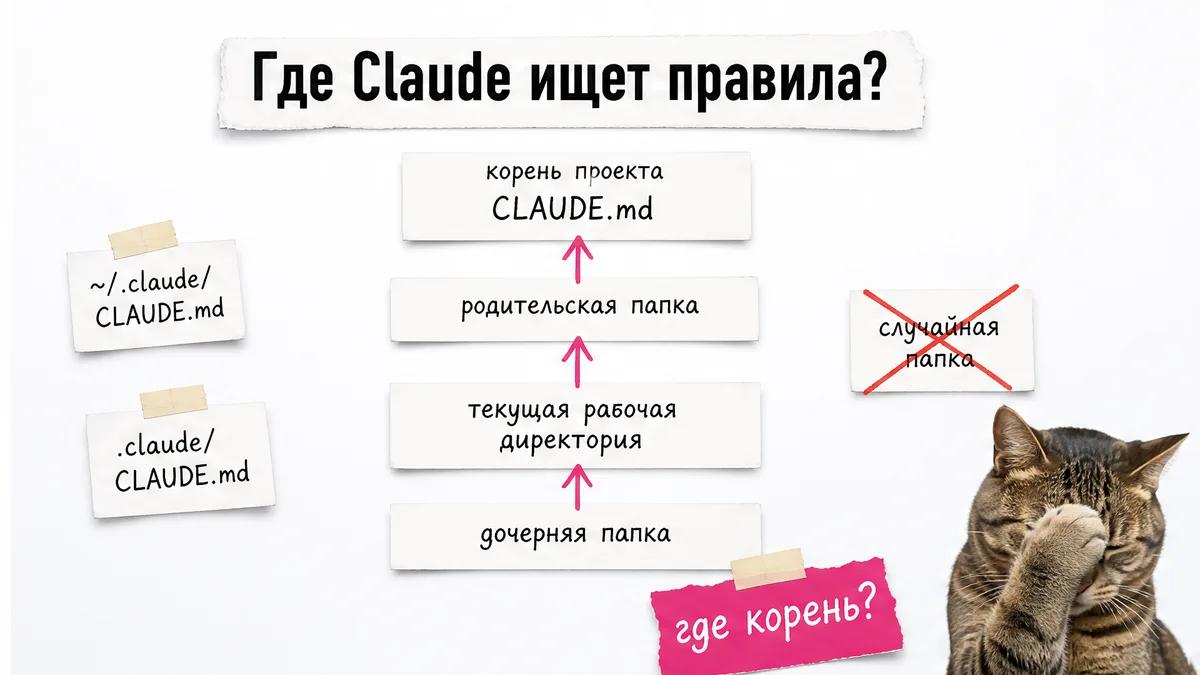 Кот прикрывает морду у схемы расположения файлов CLAUDE.md по папкам.