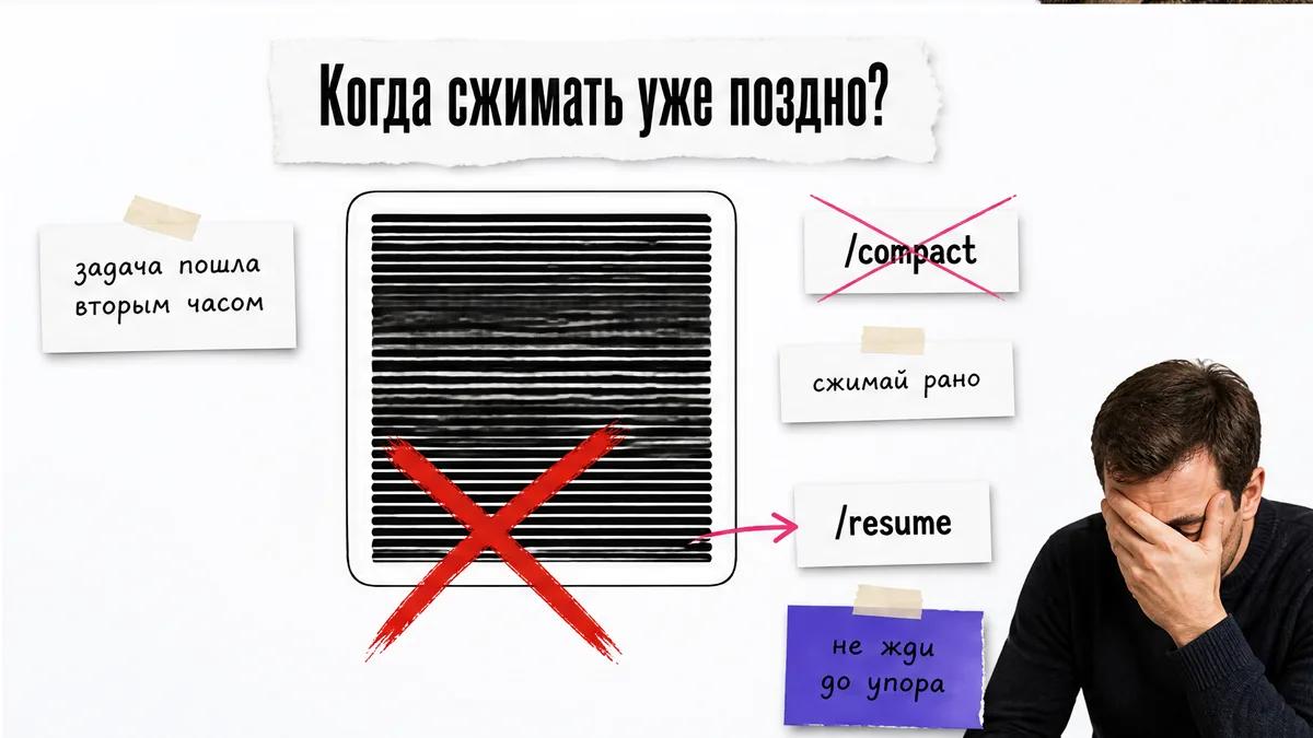 Мужчина закрывает лицо перед переполненным окном и перечёркнутой командой /compact.
