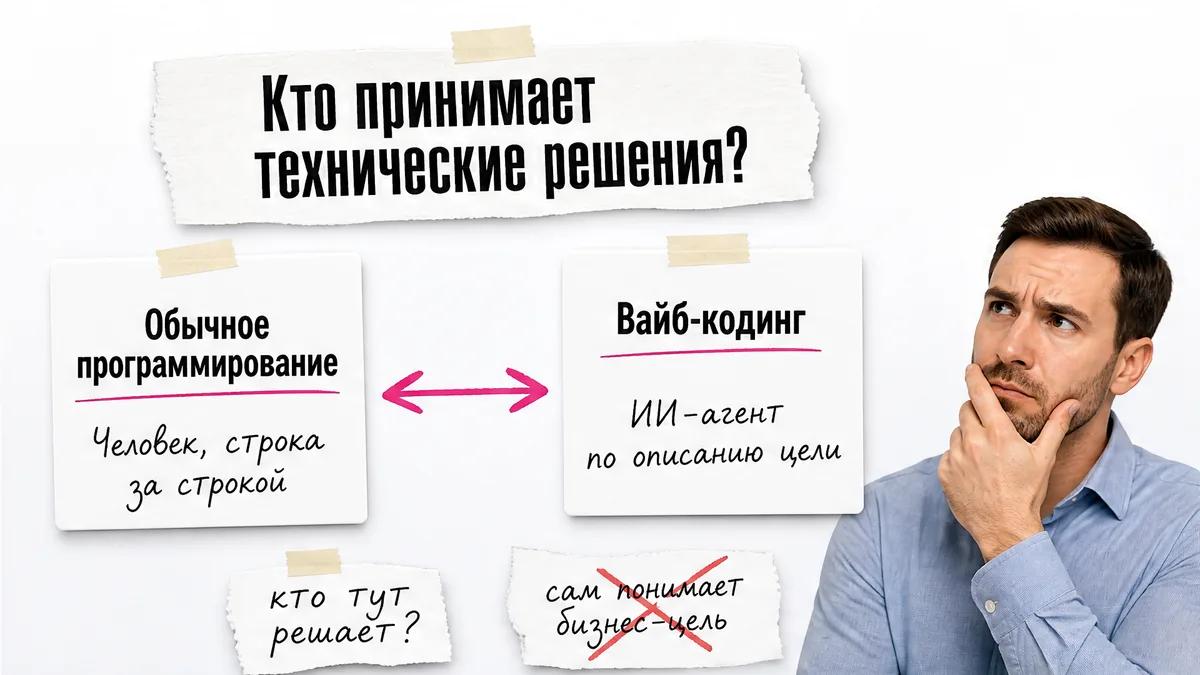 Мужчина прикрывает лицо рядом с развилкой обычного программирования и вайб-кодинга.
