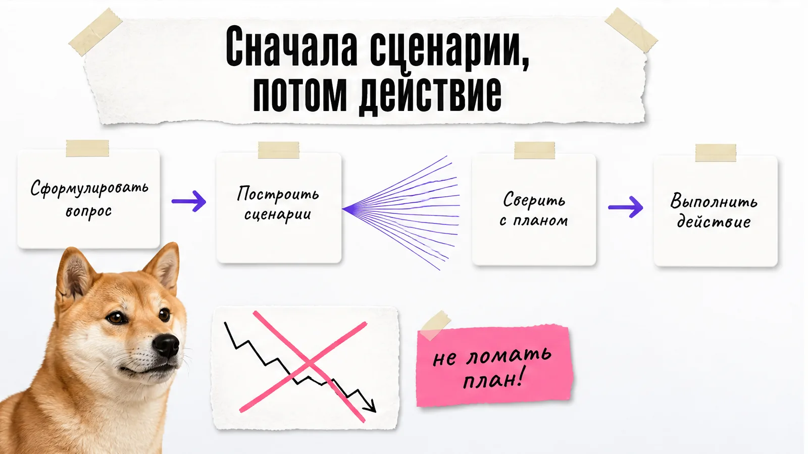 Собака изучает четыре шага реакции портфеля на падение рынка.
