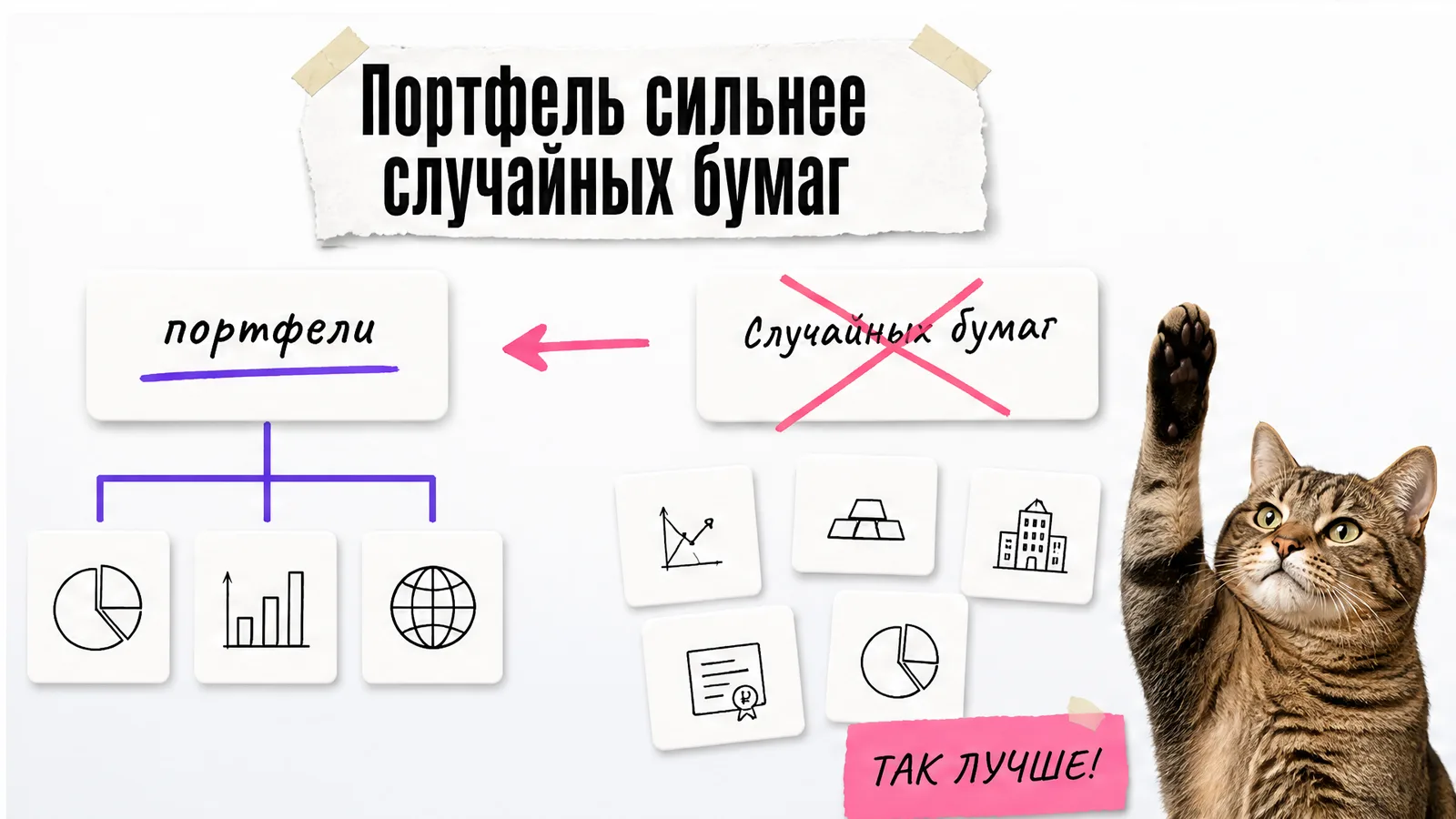 Кот поднимает лапу рядом со сравнением портфеля и случайных бумаг.