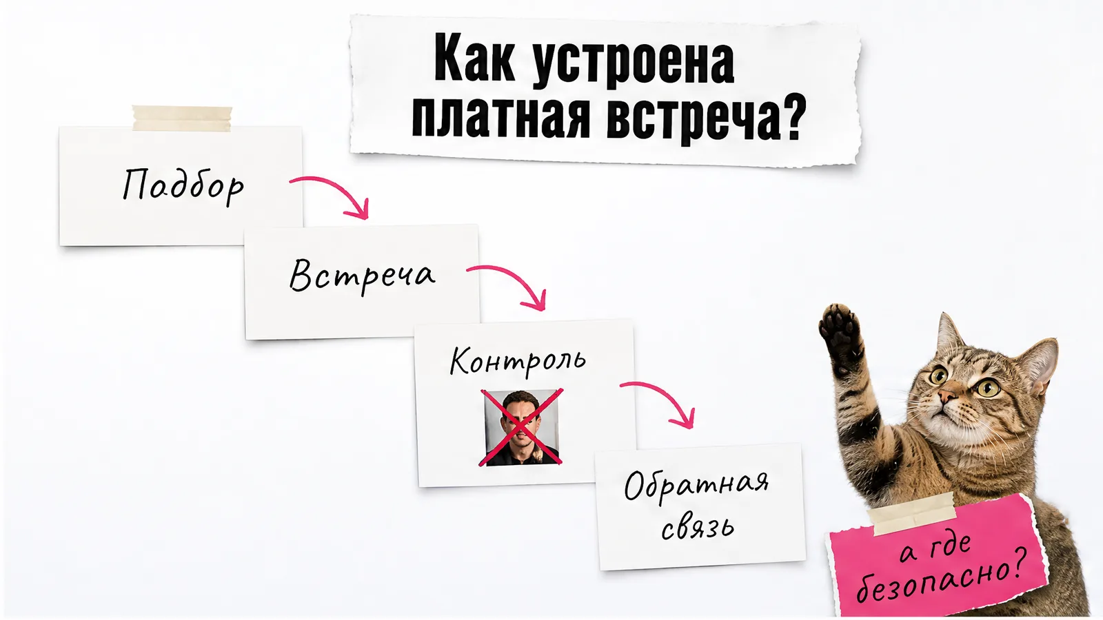 Кот держит карточку с четырьмя этапами организации платной встречи.