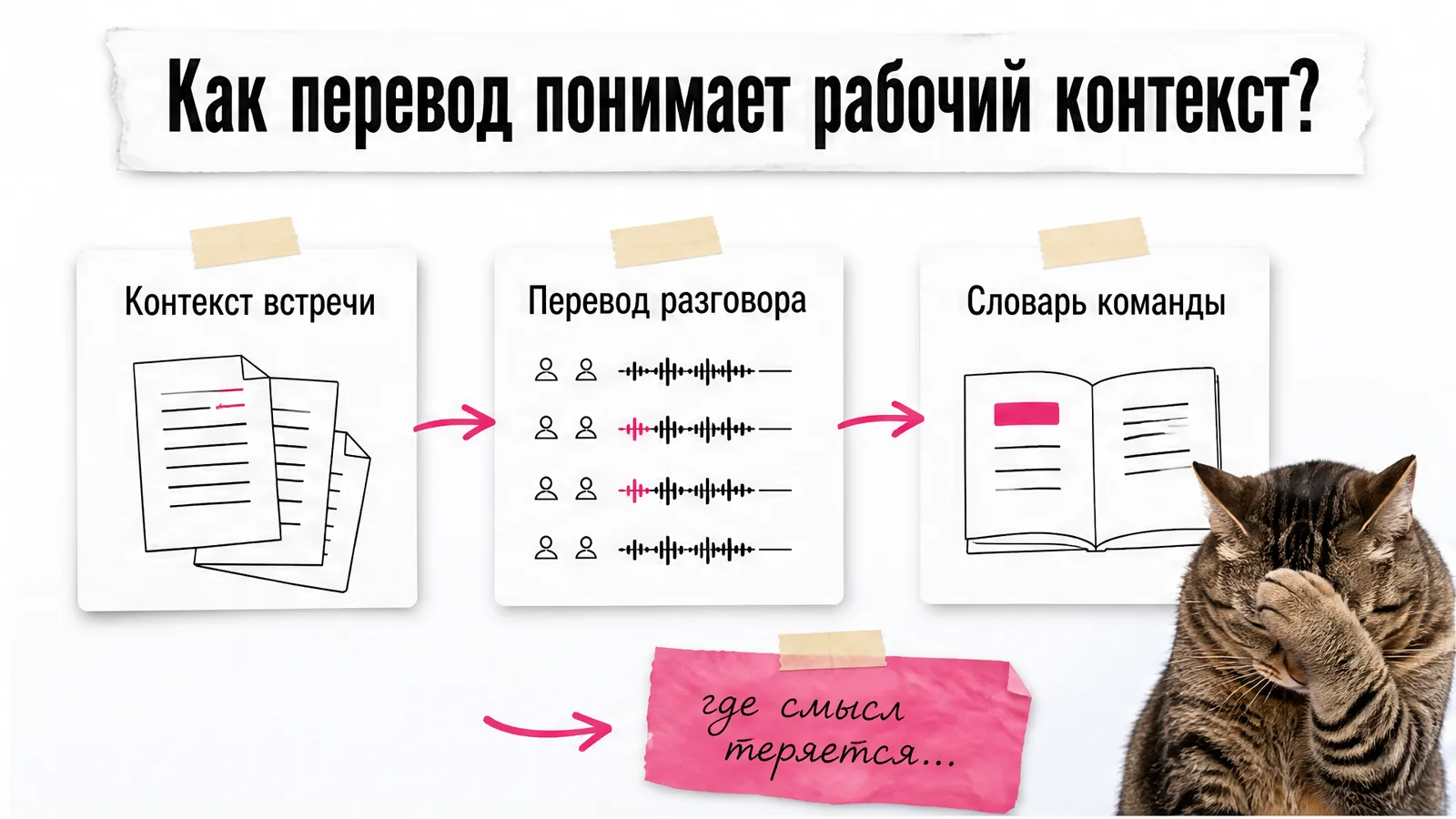Кот прикрывает морду лапой рядом с тремя карточками компонентов платформы.