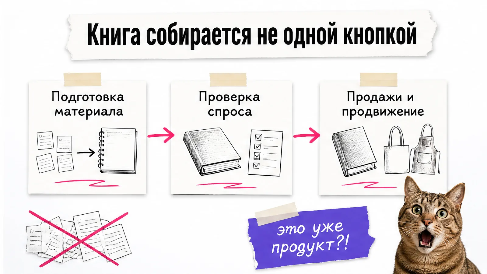 Кот удивляется схеме из подготовки материала, проверки спроса и продвижения книги.
