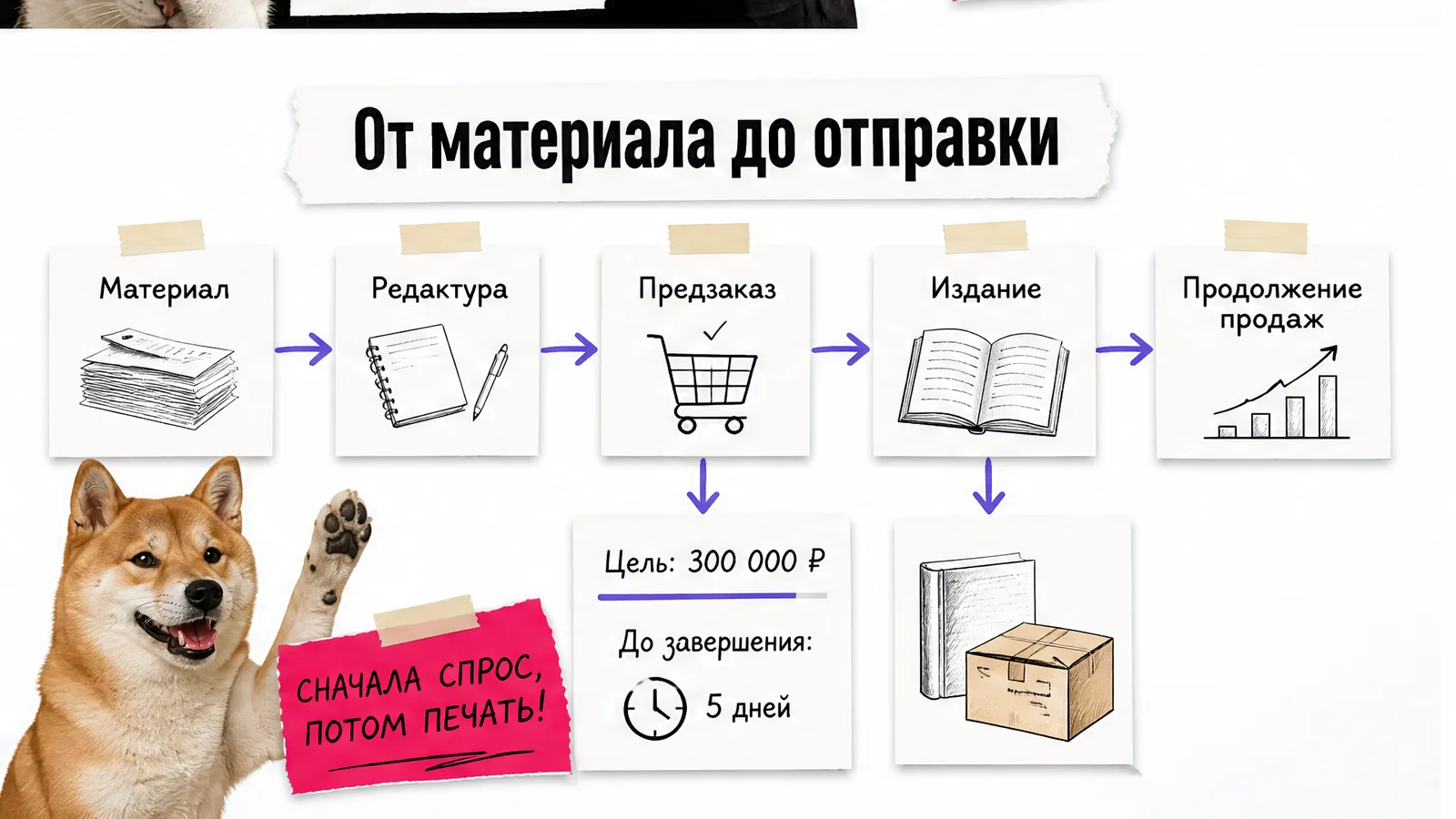 Кот одобряет цепочку от материала и редактуры до предзаказа, издания и продолжения продаж.