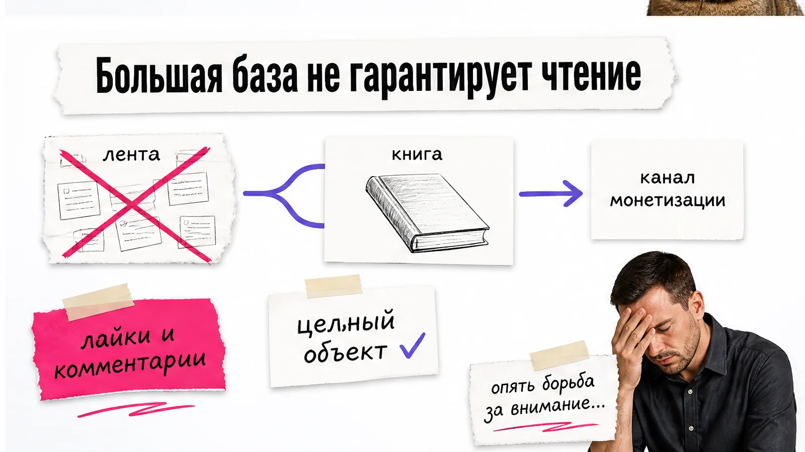Мужчина закрывает лицо рядом со сравнением ленты, книги и канала монетизации.