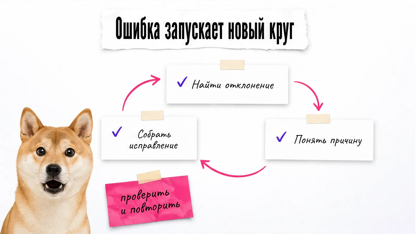 Собака наблюдает за циклом от поиска отклонения до повторной проверки.