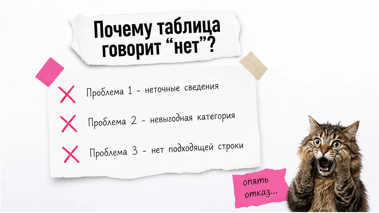Кот смотрит на три проблемы страховых таблиц, отмеченные красными крестами.