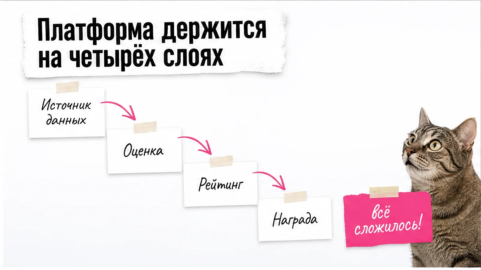 Кот держит карточку с четырьмя слоями платформы GitQuest.