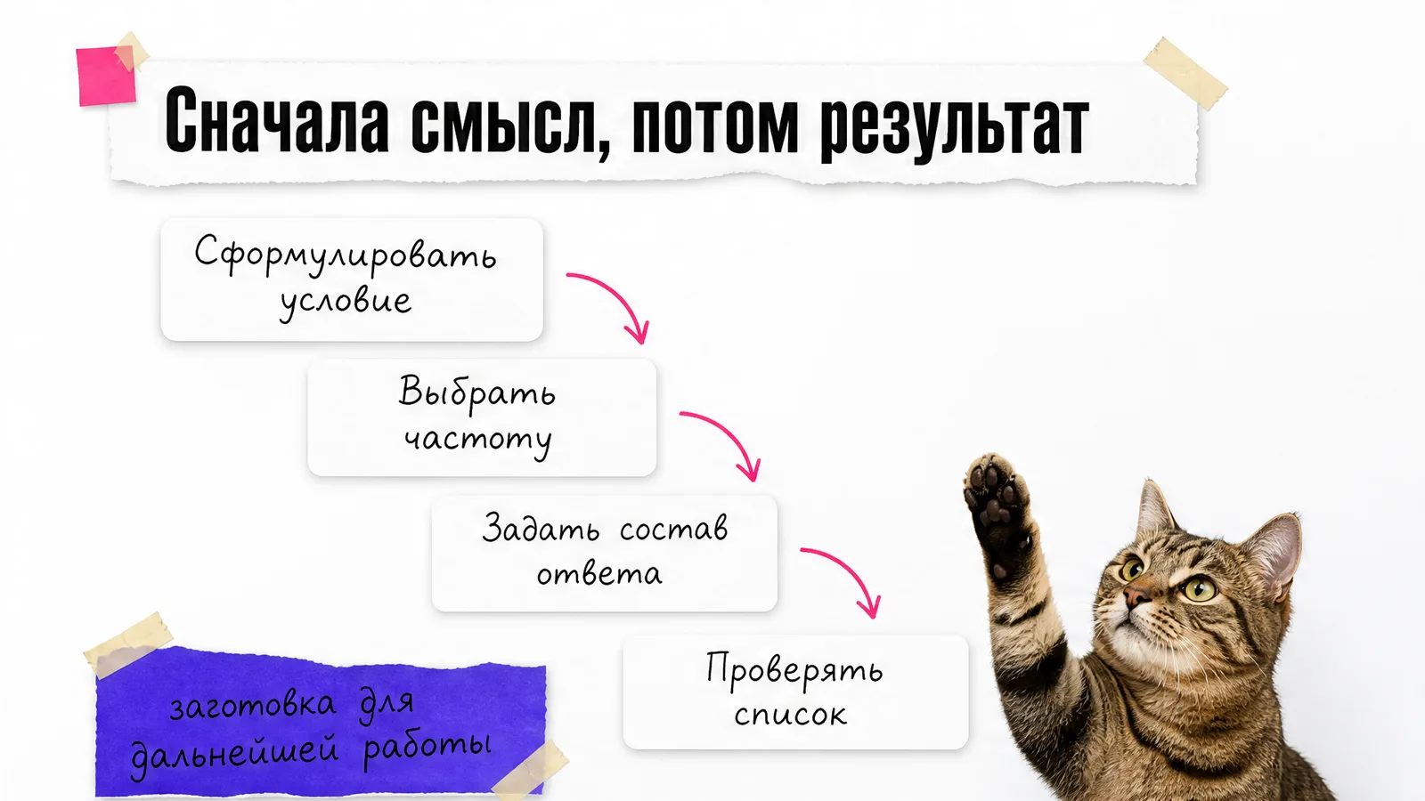 Кот держит карточку с четырьмя шагами настройки онлайн мониторинга.