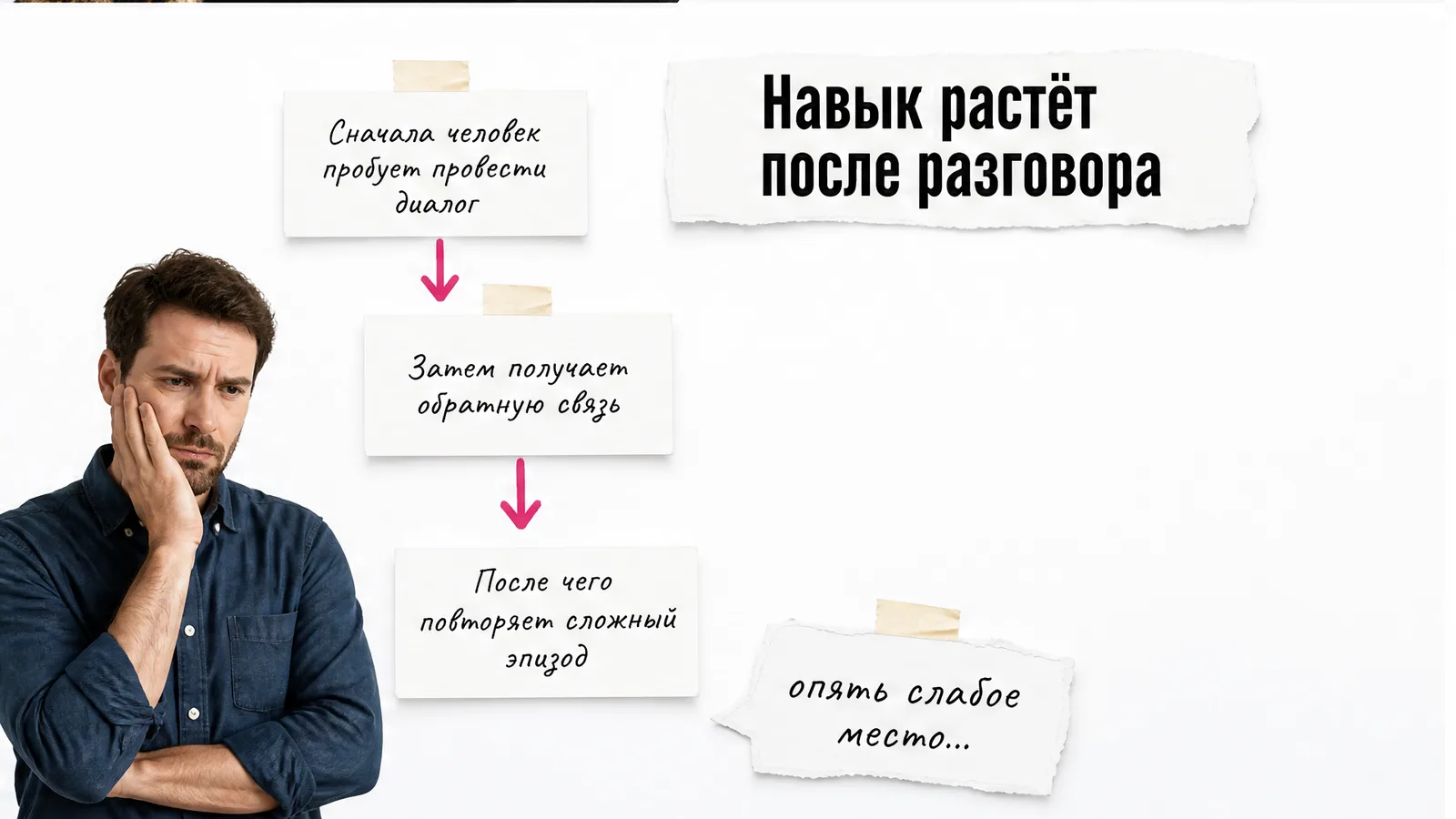 Мужчина закрывает лицо ладонью рядом с цепочкой обучения через диалог и обратную связь.