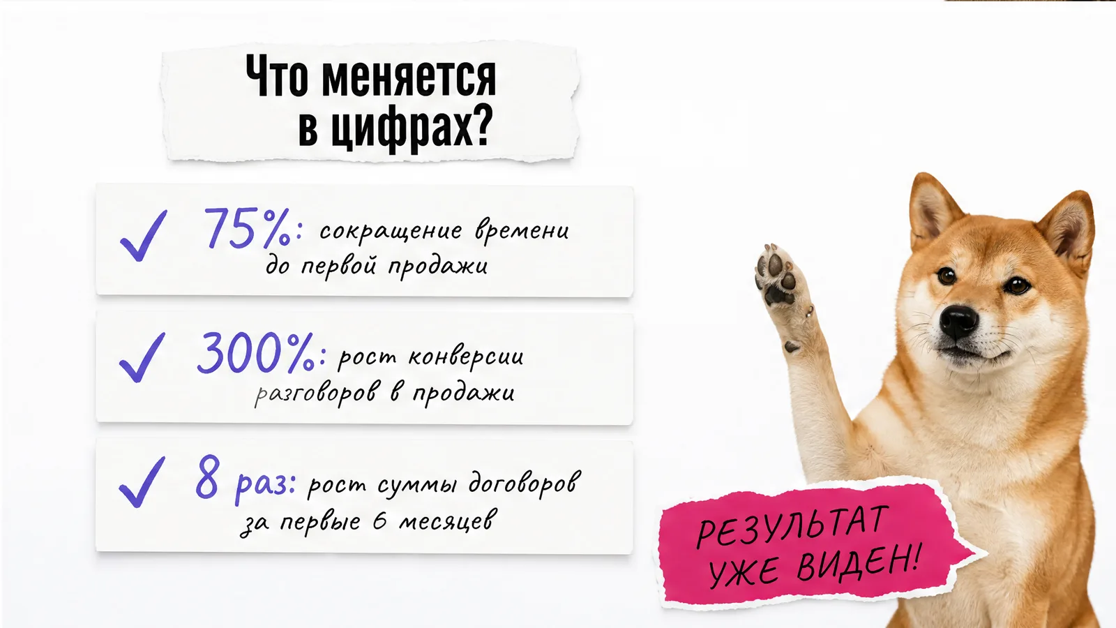 Собака поднимает лапу рядом с карточками показателей эффективности Hupo.