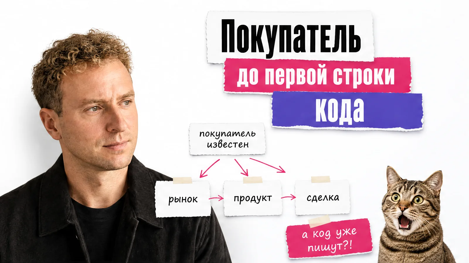 Автор с приложенного фото показывает на схему стартапа, а удивлённый кот смотрит на заранее выбранного покупателя.