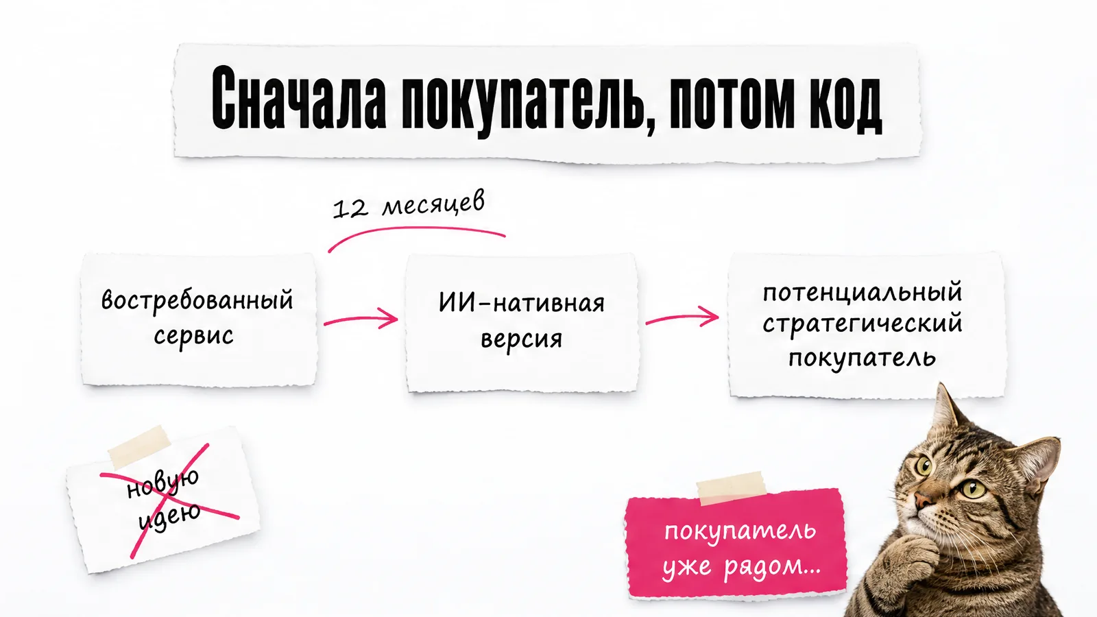 Кот в замешательстве смотрит на схему от востребованного сервиса к стратегическому покупателю.