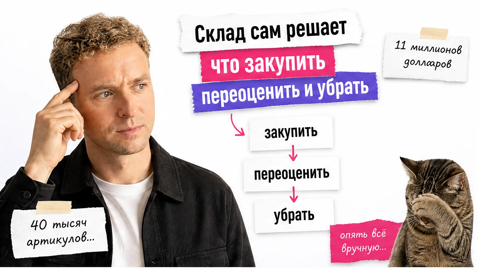 Автор с удивлением смотрит на карточки решений склада, рядом кот закрывает морду лапой.