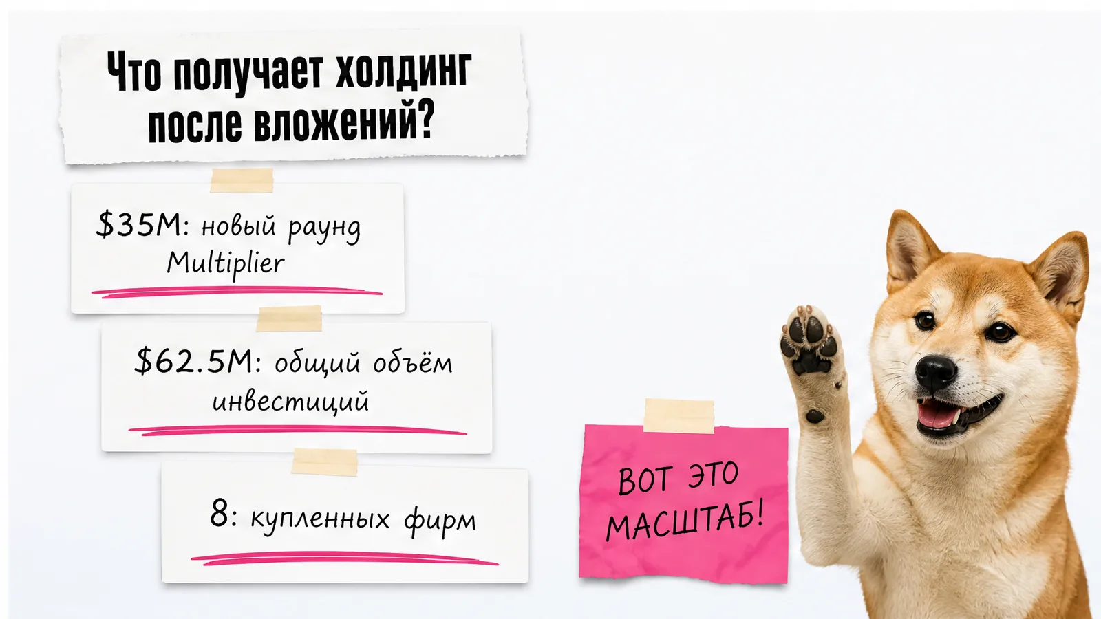 Сиба-ину поднимает лапу рядом с карточками о раунде, инвестициях и купленных фирмах.