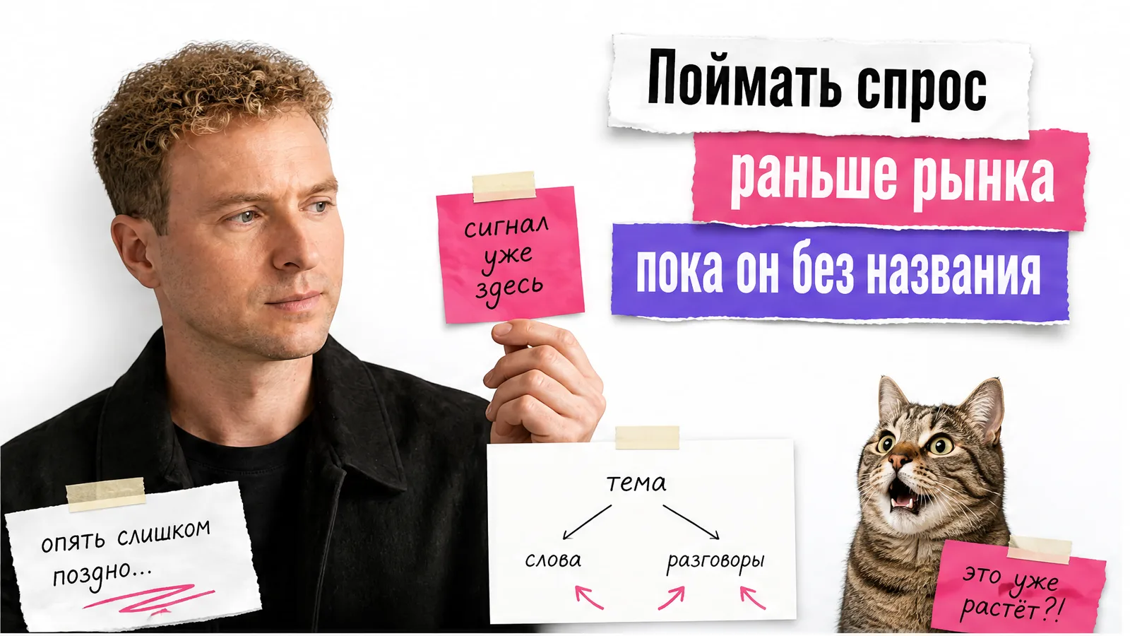 Автор стоит рядом с карточками Nichefire и удивлённым котом, показывающими ранние сигналы спроса.