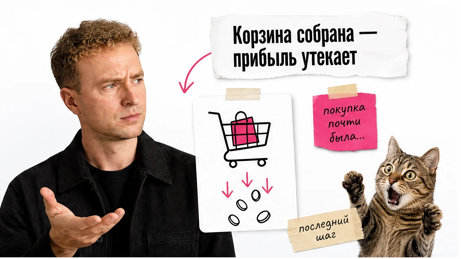 Автор с тревожным выражением смотрит на корзину и утекающие из неё монеты рядом с удивлённым котом.