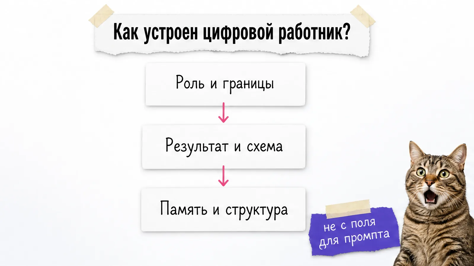Кот удивлённо смотрит на карточки с ролью, результатом и памятью цифрового работника.