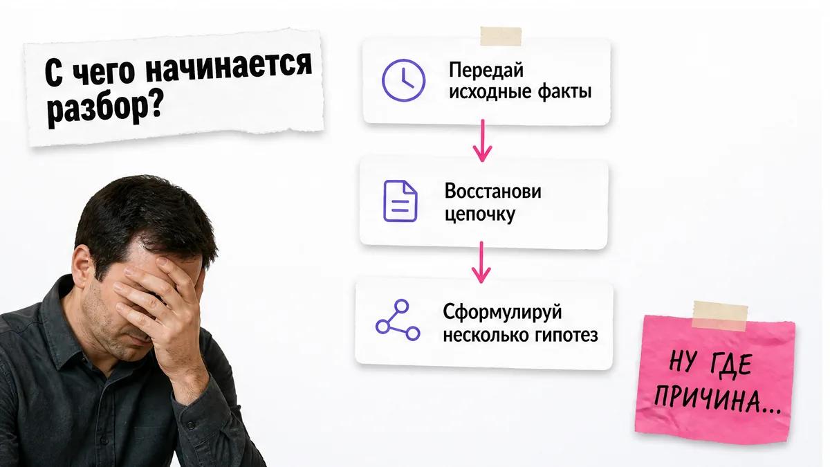 Мужчина закрывает лицо лападонью рядом с карточками этапов расследования инцидента.