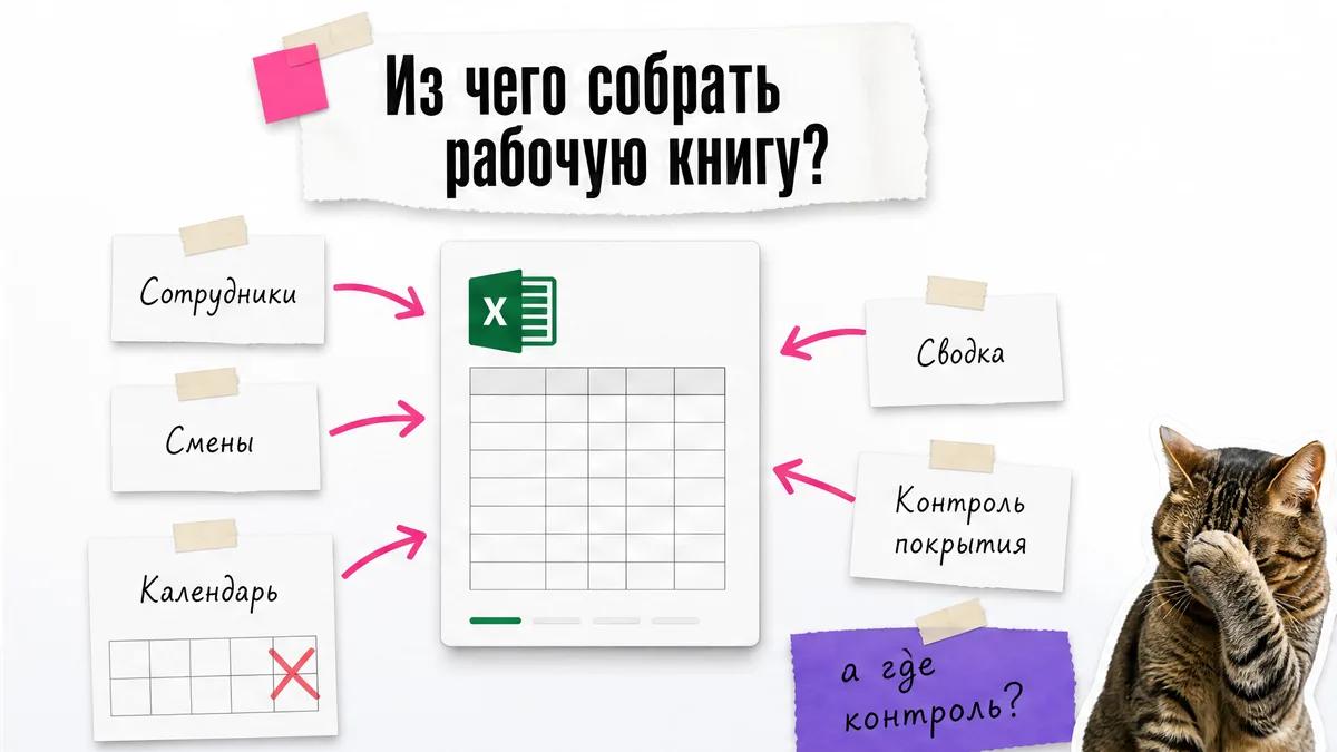 Кот смотрит на схему листов рабочей книги и прикрывает морду лапой.