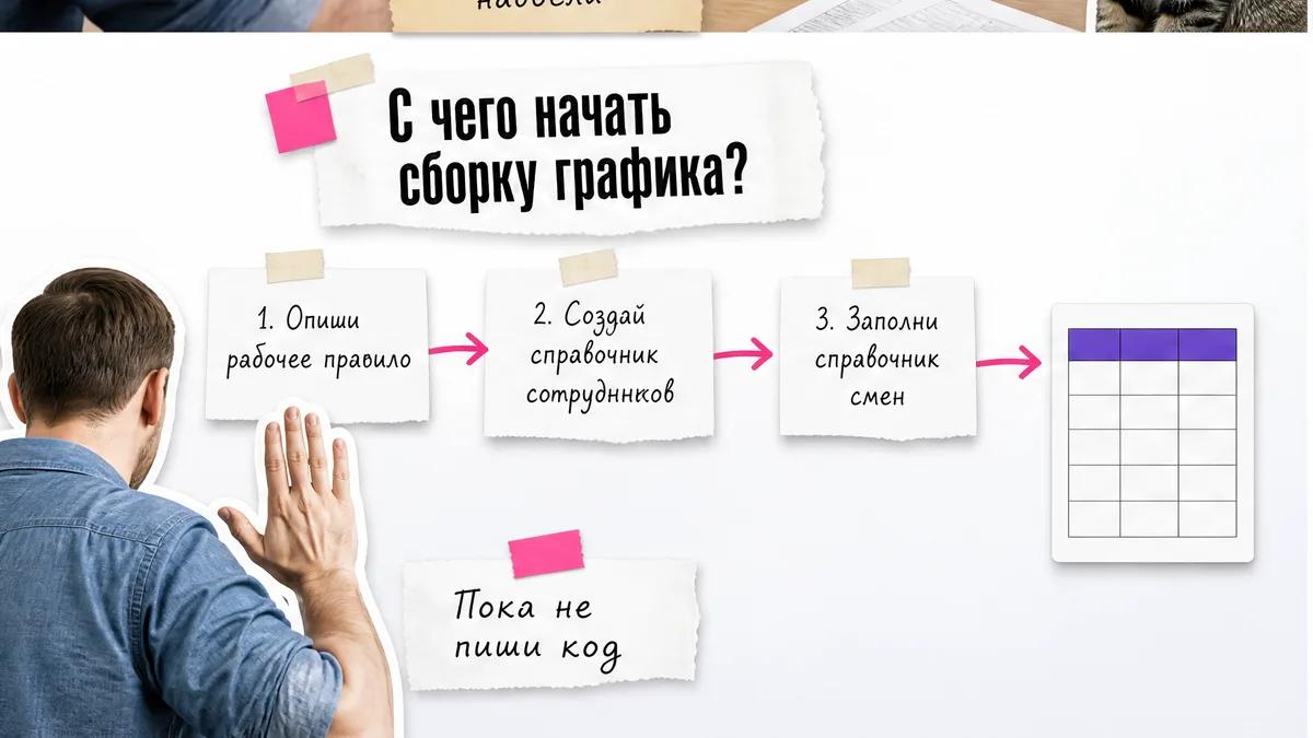 Мужчина со спины изучает первые карточки сборки графика.