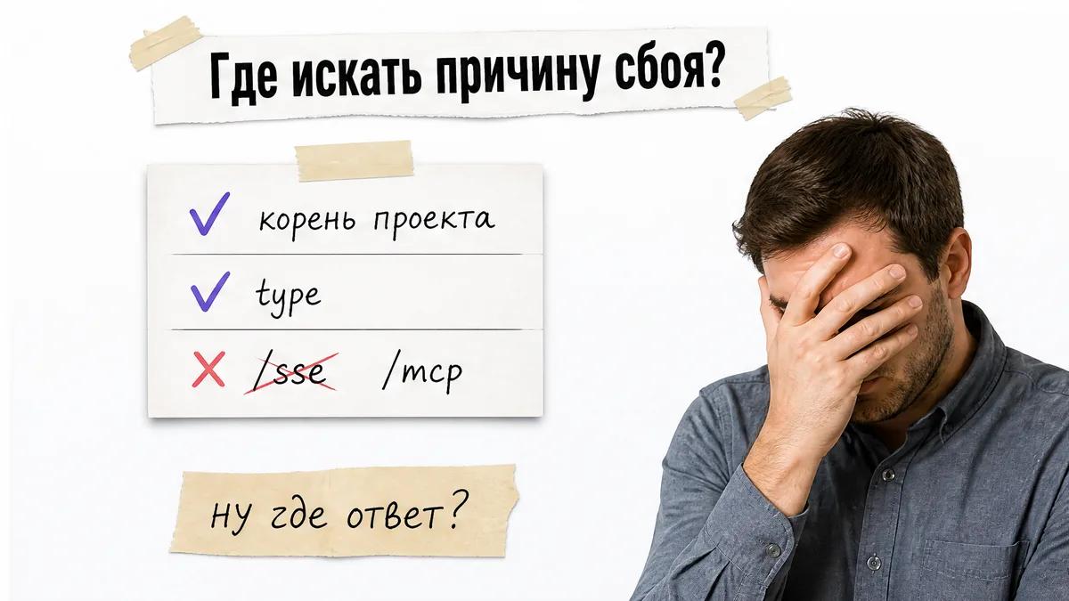 Безымянный мужчина фейспалмит рядом с чек-листом диагностики MCP-подключения.