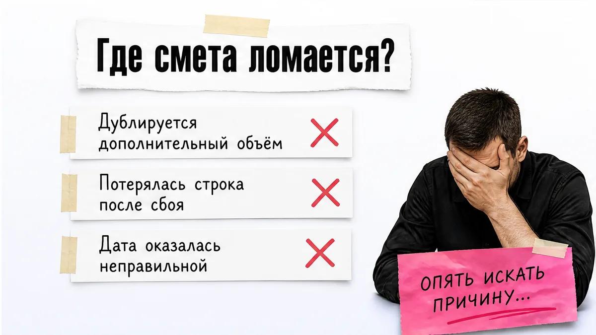 Безымянный мужчина закрывает лицо ладонью рядом с карточками типичных ошибок в смете.