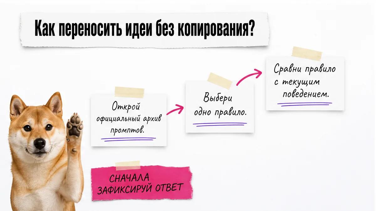 Кот одобрительно смотрит на три карточки с шагами проверки идеи промпта.