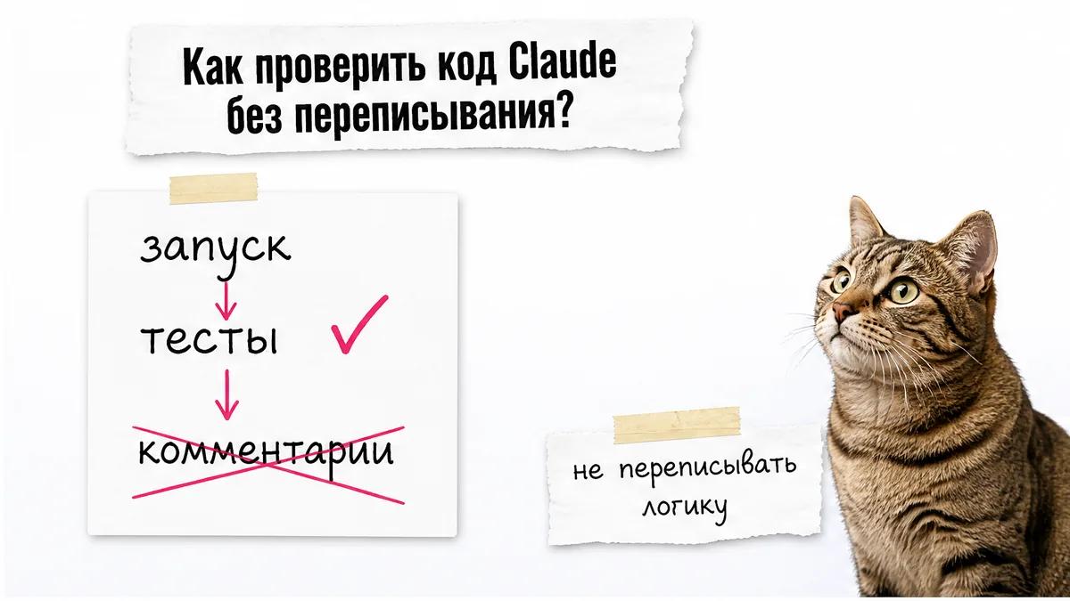 Кот смотрит на схему проверки кода с карточками запуска, тестов и комментариев.