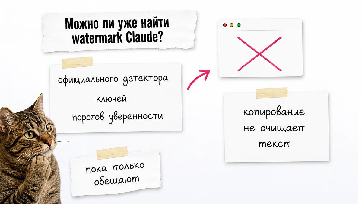 Кот изучает карточки с официальным детектором и копированием текста.