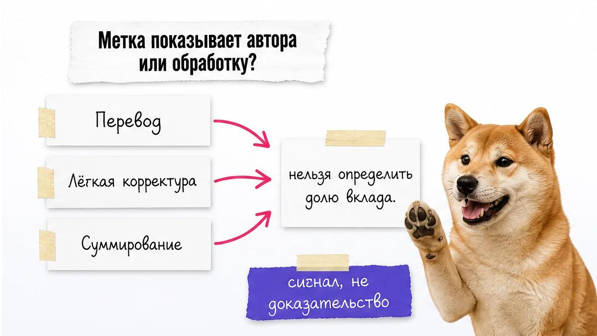 Собака смотрит на три карточки о переводе, корректуре и суммировании текста.