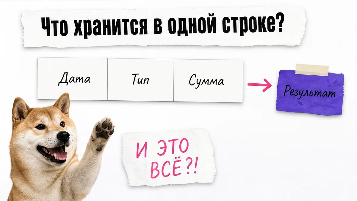 Собака одобрительно смотрит на строку таблицы с типом операции и результатом.