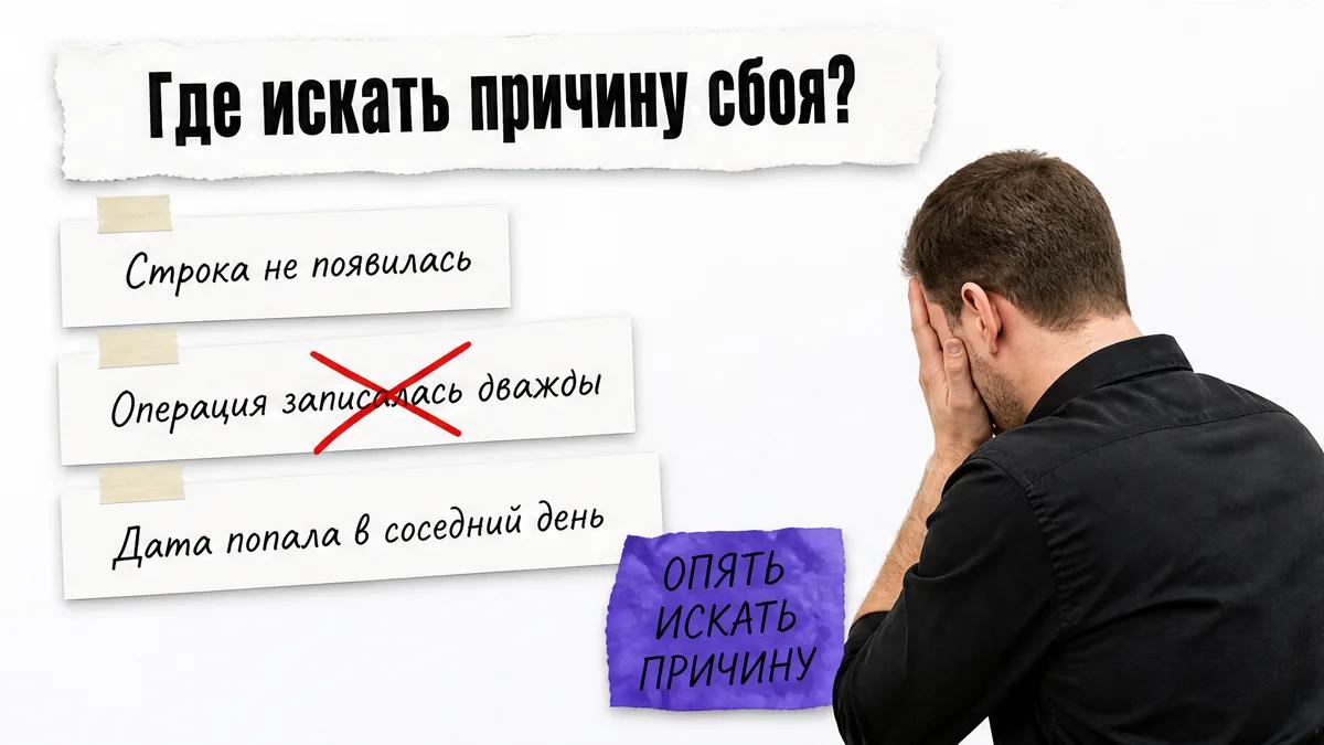 Безымянный мужчина закрывает лицо ладонью рядом с карточками типичных сбоев таблицы.
