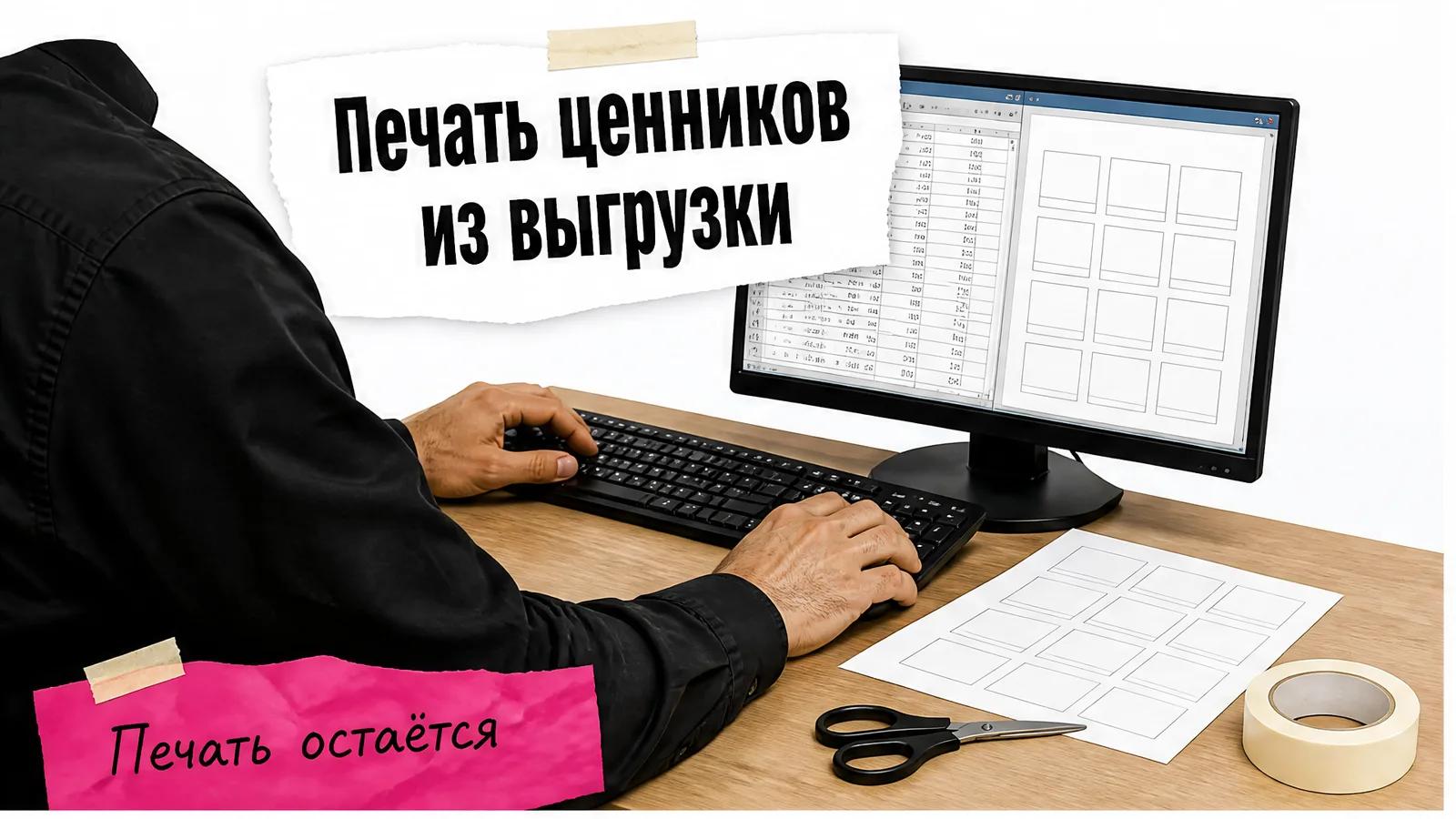 Рабочее место владельца магазина стройматериалов с таблицей товаров и листом ценников на экране.