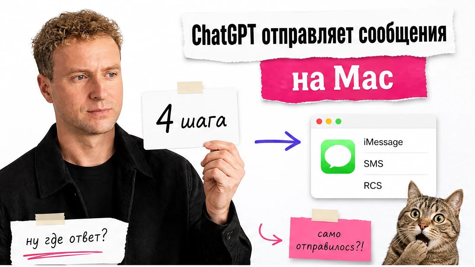 Автор с приложенного фото показывает схему отправки сообщений через ChatGPT и Messages на Mac.