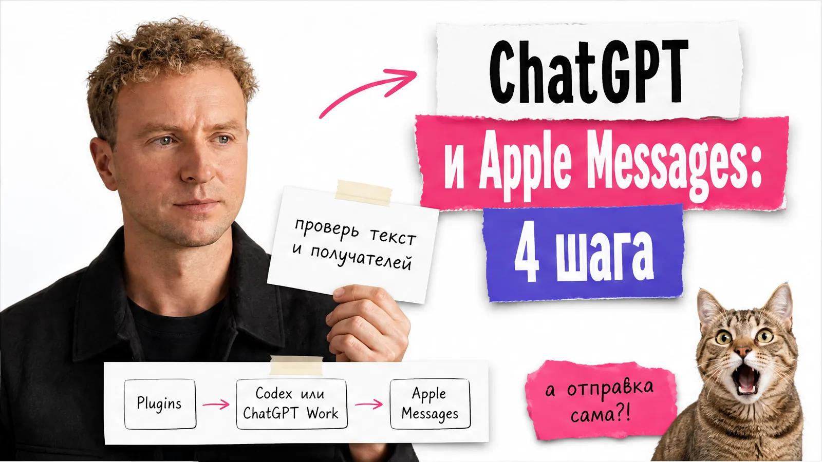 Автор показывает схему подключения ChatGPT к Apple Messages, рядом кот удивлённо смотрит на карточки.