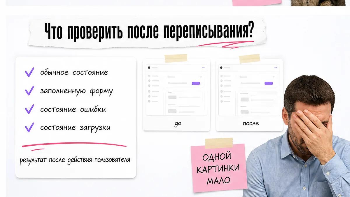 Безымянный мужчина проверяет состояния экрана по чек-листу скриншотов до и после.