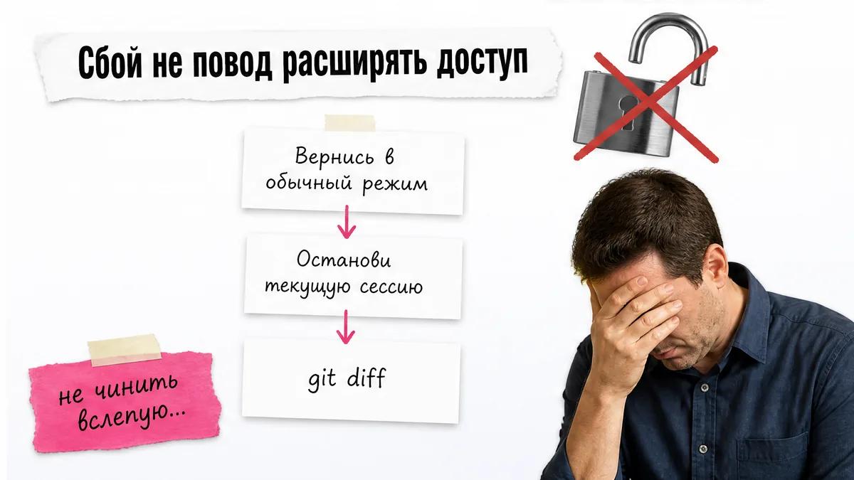 Мужчина закрывает лицо ладонью рядом с карточками аварийной проверки через Git.