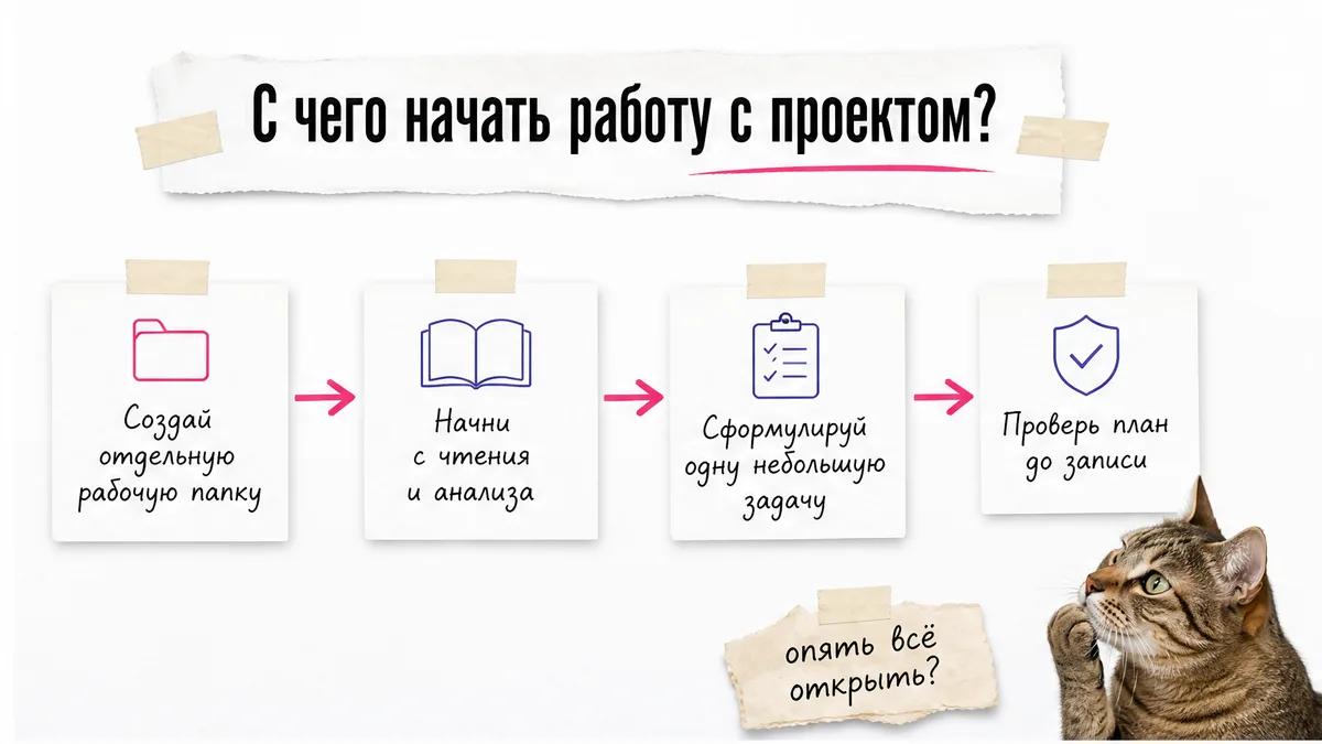 Кот рассматривает схему из четырёх шагов безопасной работы с проектом.