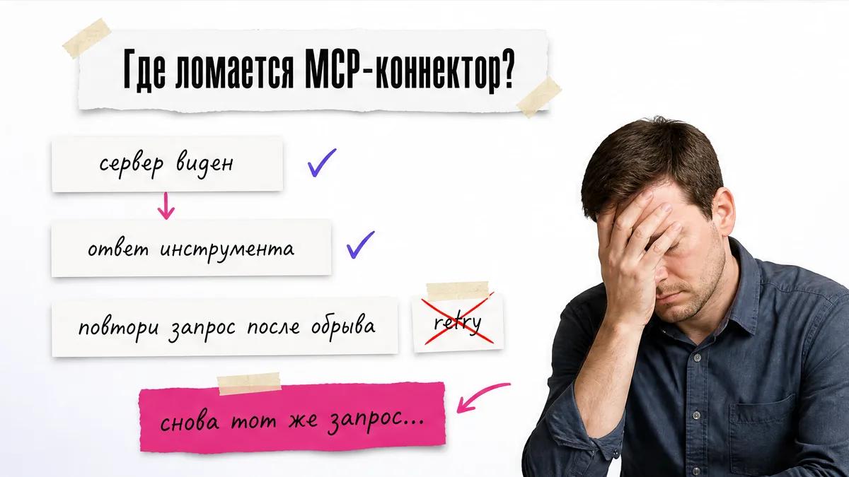 Мужчина закрывает лицо ладонью рядом со схемой диагностики MCP-коннектора.