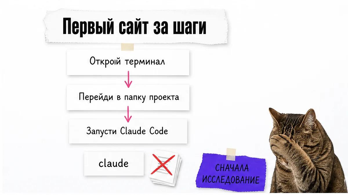 Кот закрывает морду лапой рядом со схемой первых шагов создания сайта в Claude Code.