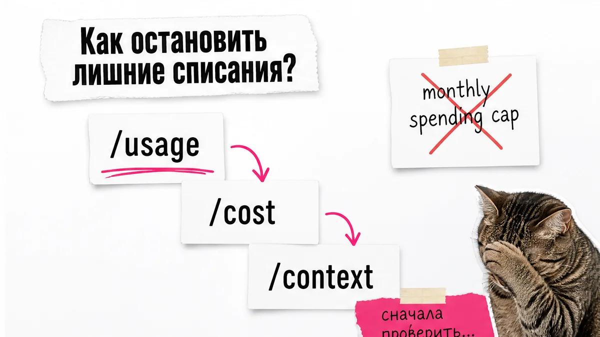 Карточки с командами /usage, /cost и /context показывают контроль бюджета Claude Code.
