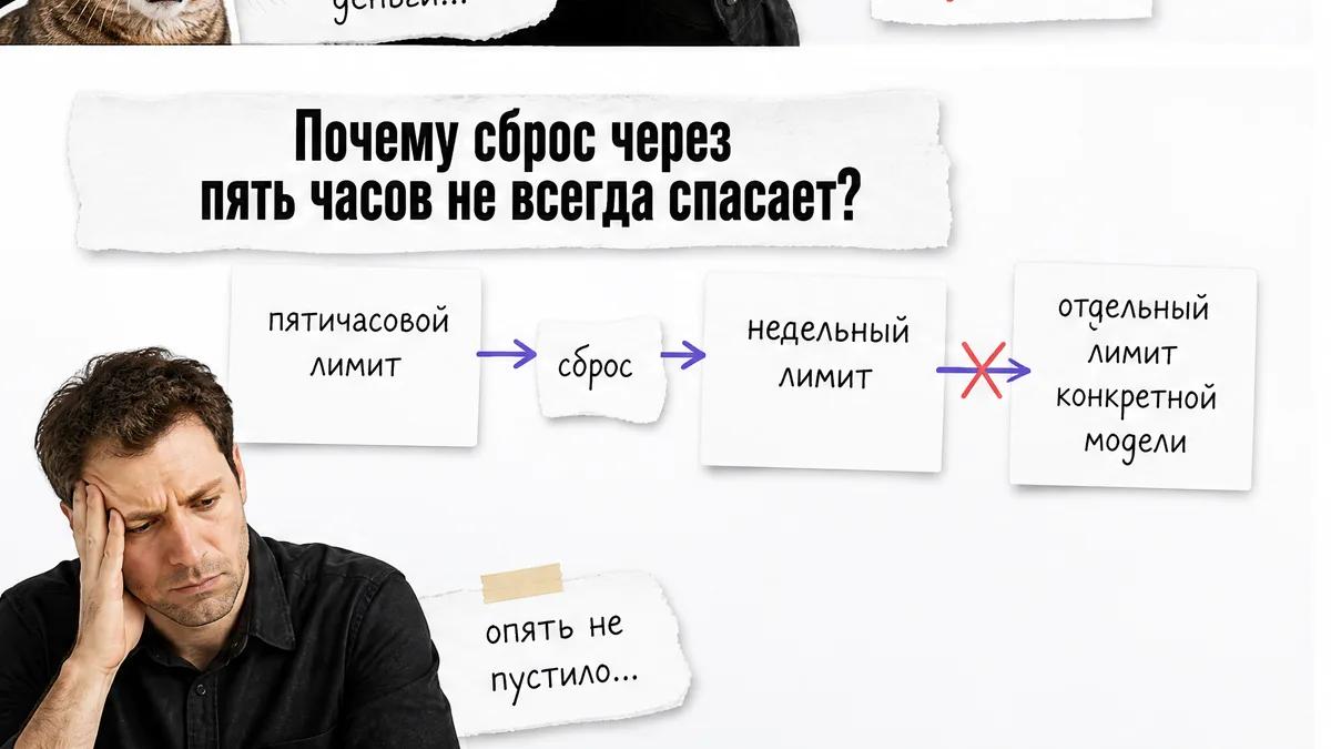 Кот в шоке смотрит на схему пятиичасового и недельного лимитов Claude Code.