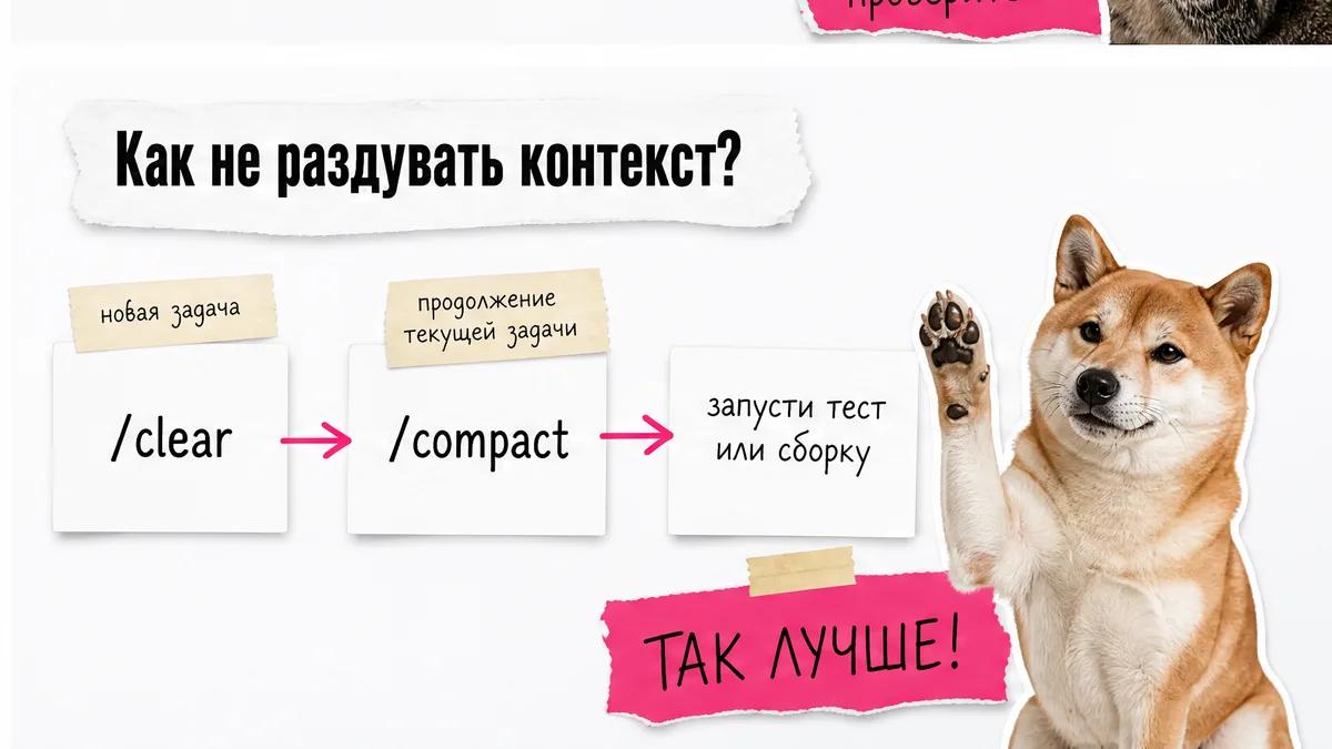 Кот одобрительно держит карточку с командами /compact и /clear для контроля контекста.