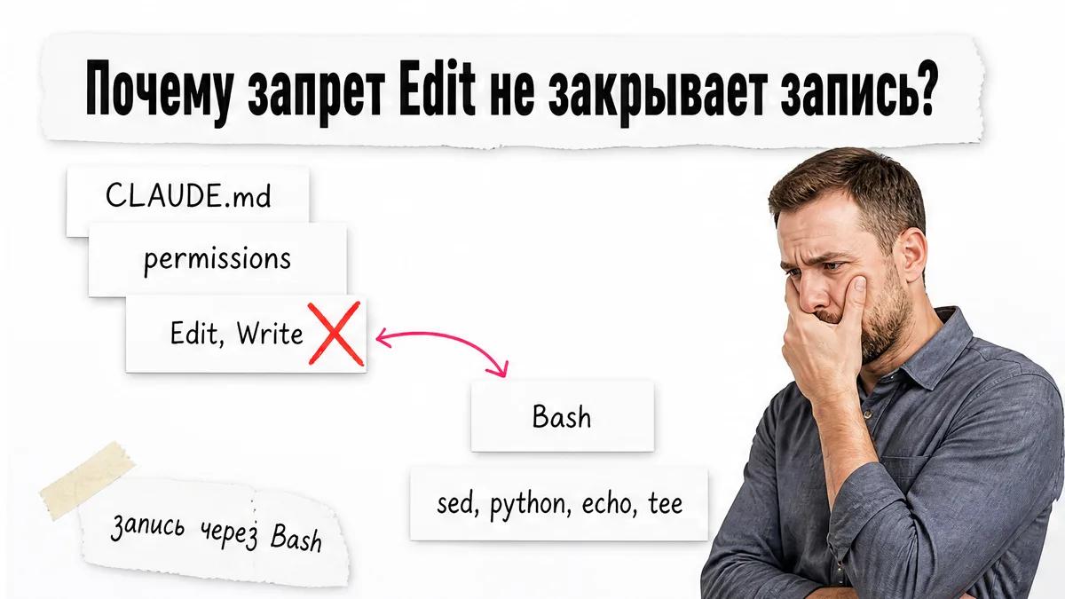Мужчина закрывает лицо ладонью рядом со схемой обхода запрета Edit через Bash.