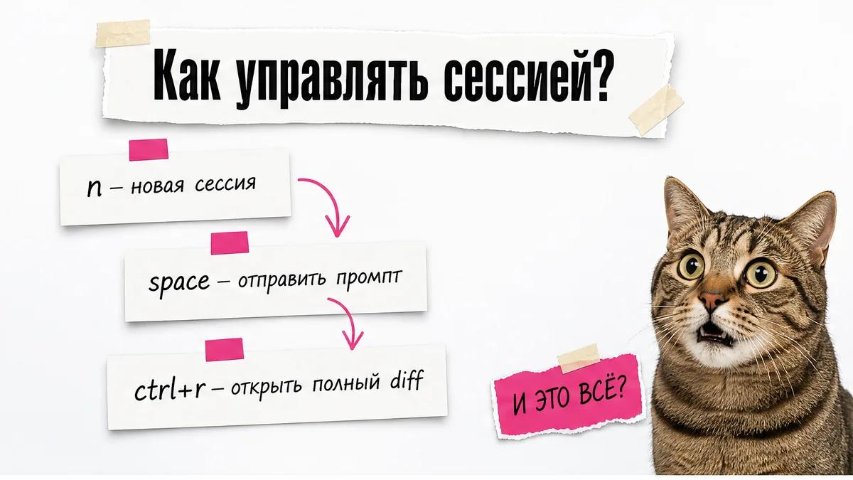 Кот показывает три карточки с клавишами создания, отправки запроса и проверки diff.