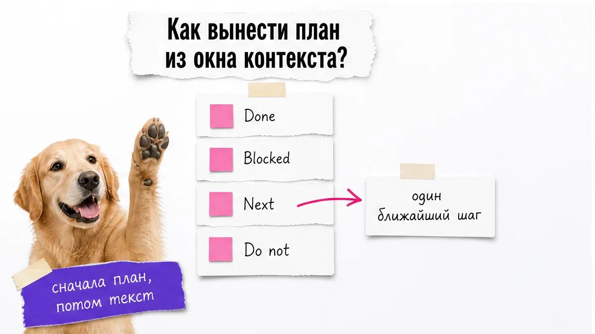 Собака одобряет файл прогресса с блоками Done, Blocked, Next и Do not.