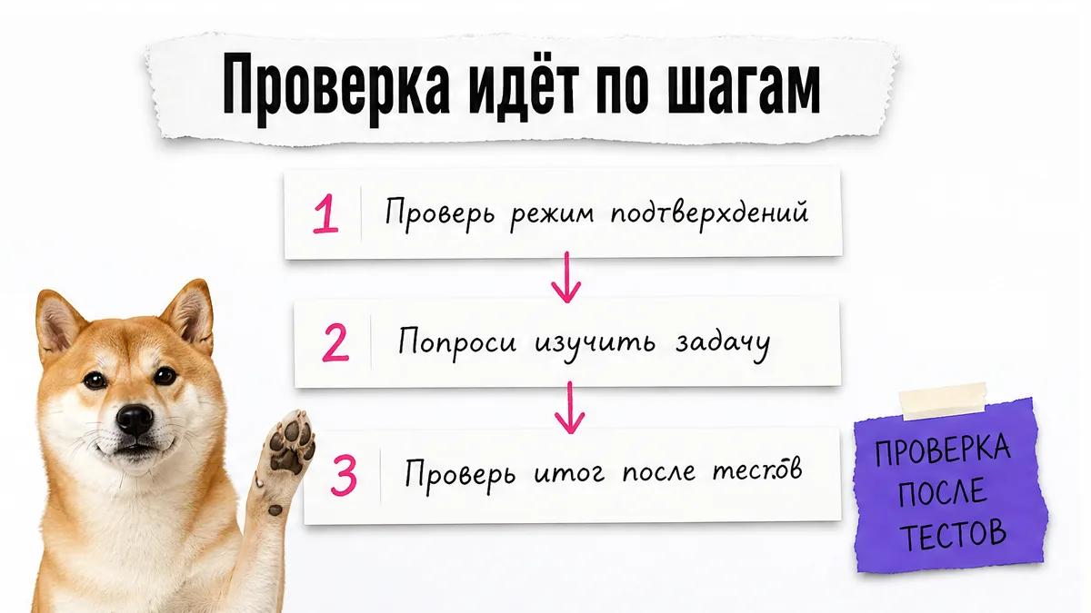 Сиба-ину одобряет последовательность проверки режима, плана и итогового diff.